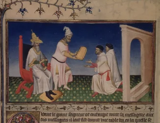 Fr. 2810 f.3v, Kublai Khan dando a Nicolo e Marco Polo um salvo-conduto para Pequim, com seu selo de ouro aos polos de Cambaluc, em 1292, de "Le Livre des Merveilles", c.1410-12 (tempera à velino)